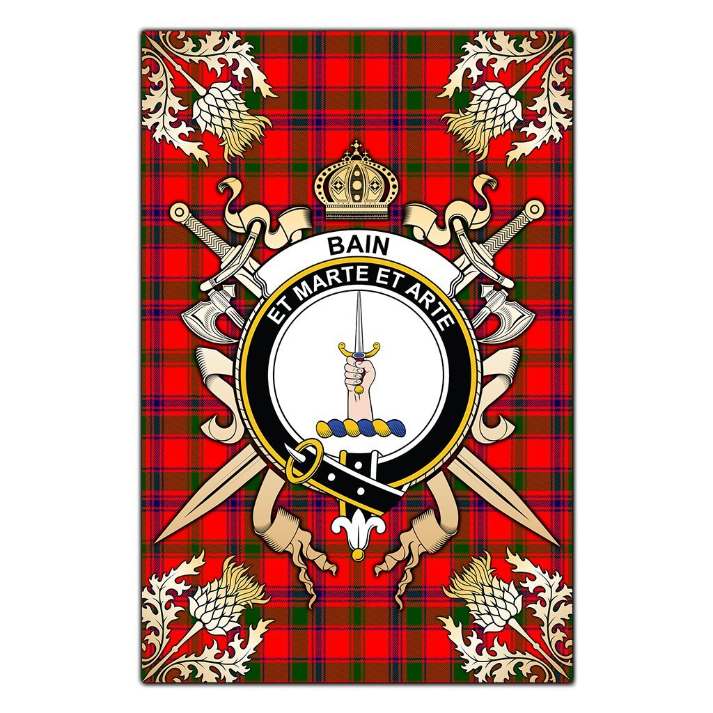 Bain Tartan Crest Black Garden Flag - Gold Thistle Style