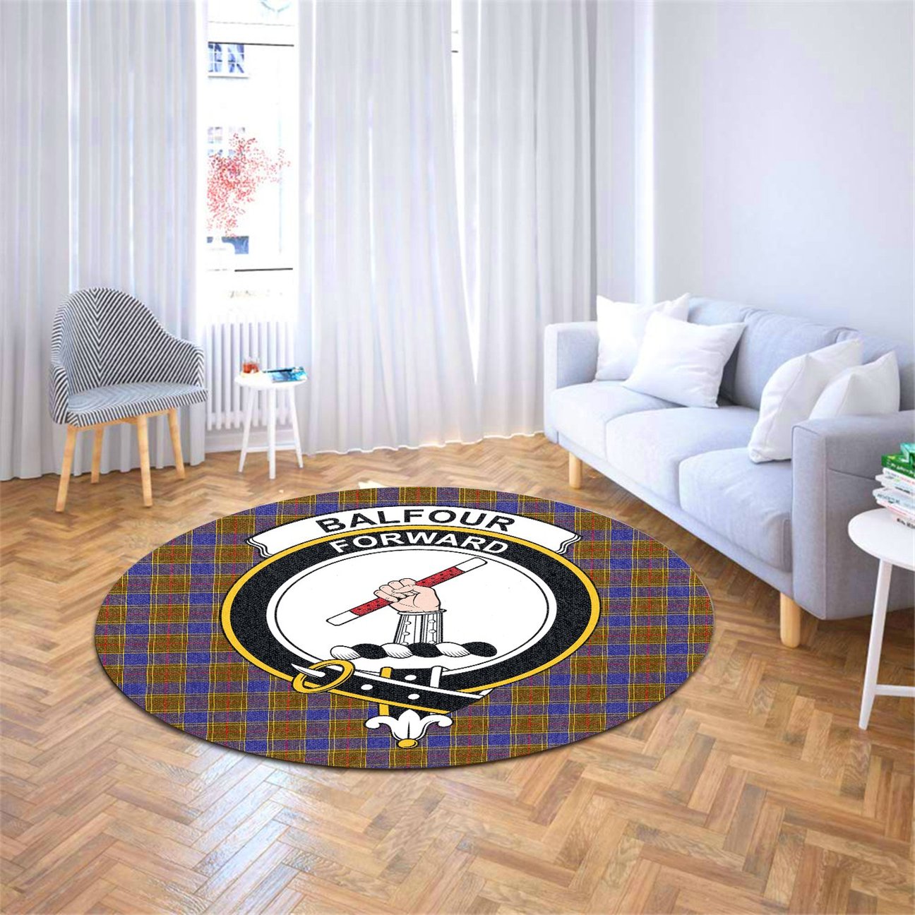 Balfour Modern Tartan Crest Round Rug