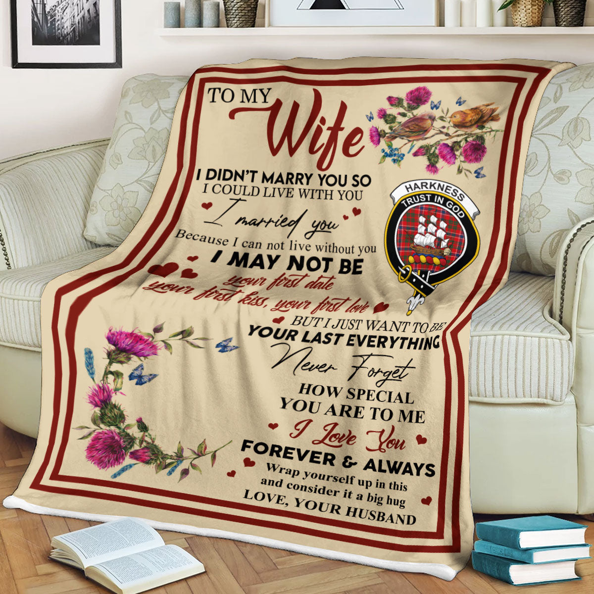 Scots Print Blanket - Harkness Tartan Crest Blanket To My Wife Style, Gift From Scottish Husband