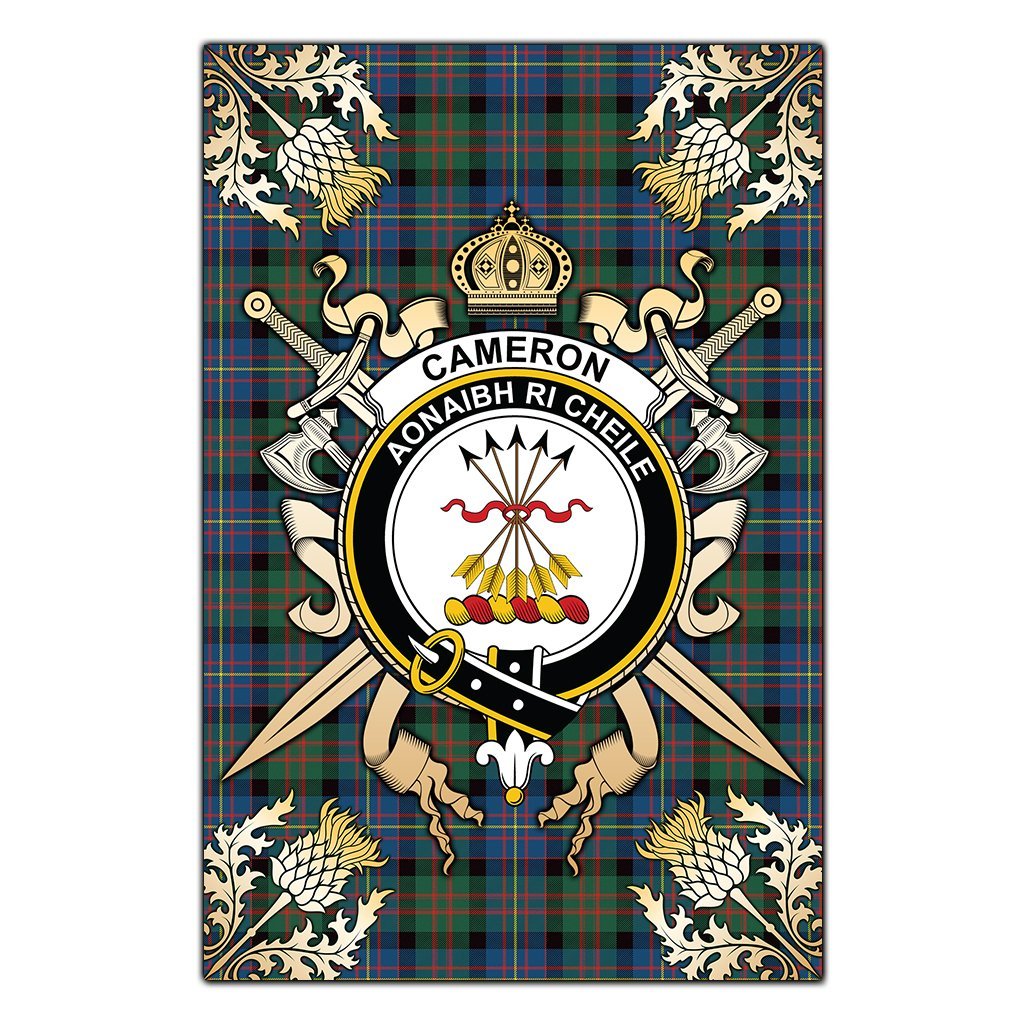 Cameron Of Erracht Ancient Tartan Crest Black Garden Flag - Gold Thistle Style