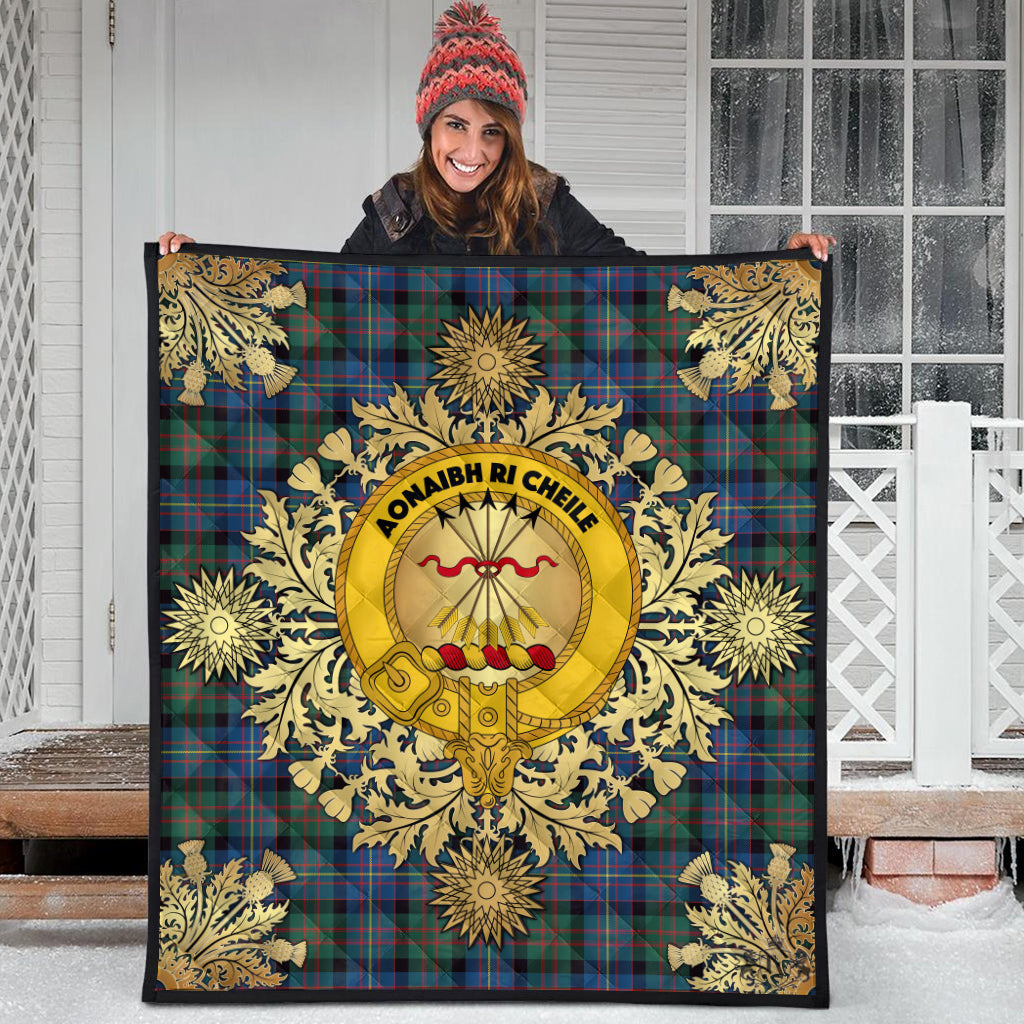Cameron of Erracht Ancient Tartan Crest Premium Quilt - Gold Thistle Style