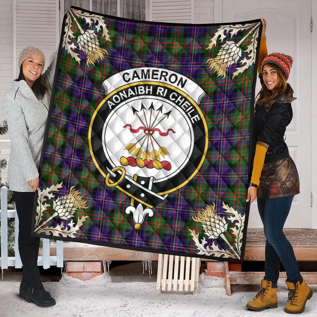 Cameron of Erracht Modern Tartan Crest Premium Quilt - Gold Thistle Style