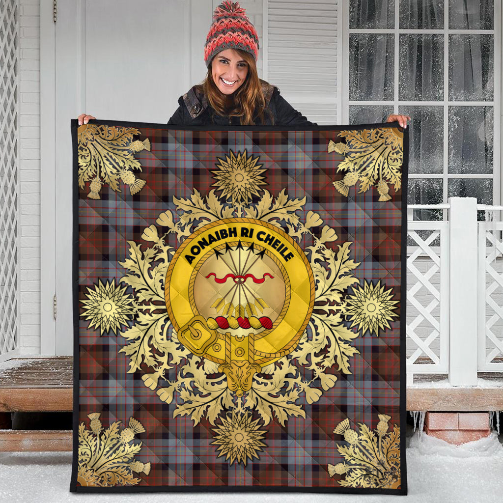 Cameron of Erracht Weathered Tartan Crest Premium Quilt - Gold Thistle Style