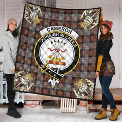 Cameron of Erracht Weathered Tartan Crest Premium Quilt - Gold Thistle Style