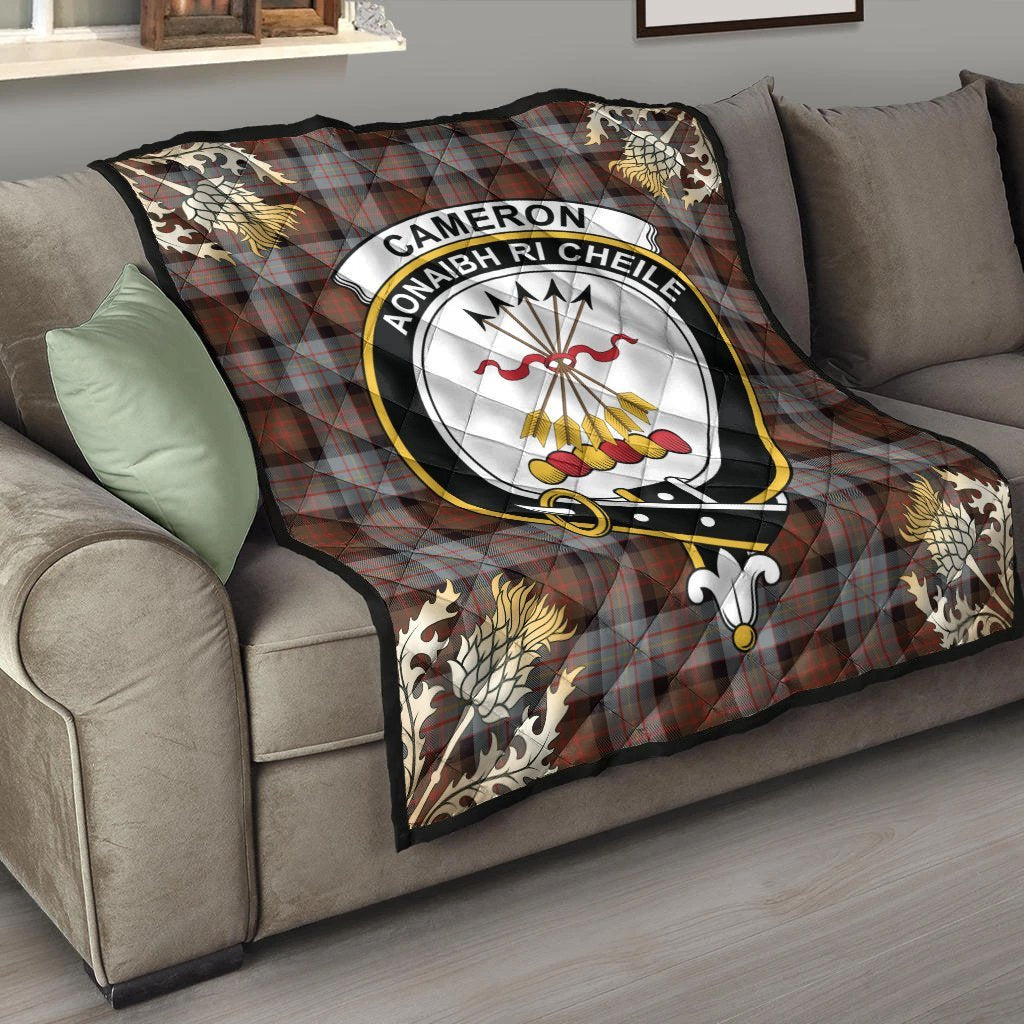 Cameron of Erracht Weathered Tartan Crest Premium Quilt - Gold Thistle Style