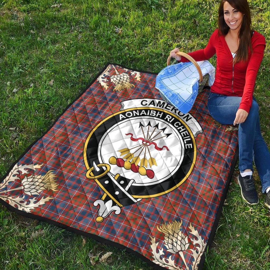 Cameron of Lochiel Ancient Tartan Crest Premium Quilt - Gold Thistle Style
