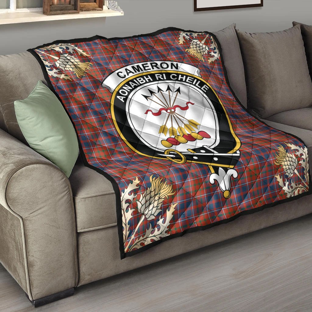 Cameron of Lochiel Ancient Tartan Crest Premium Quilt - Gold Thistle Style