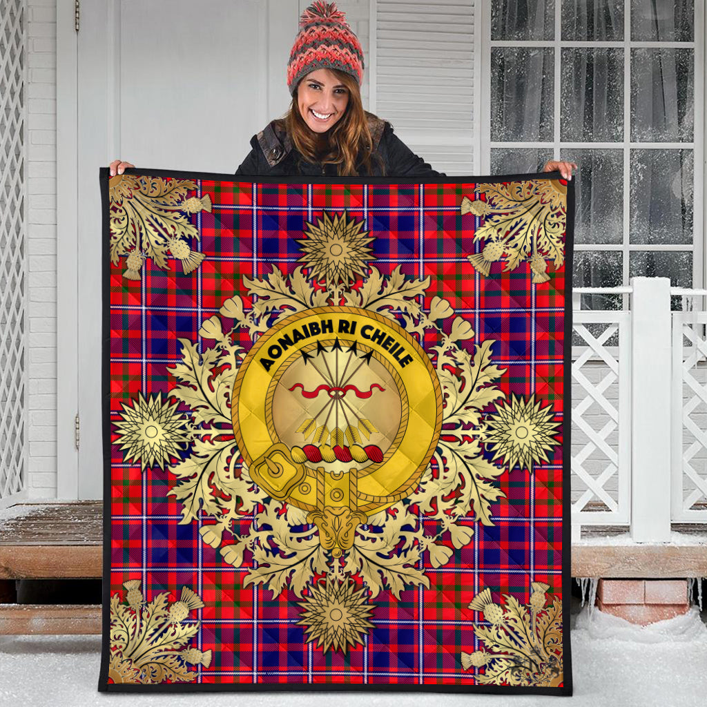 Cameron of Lochiel Modern Tartan Crest Premium Quilt - Gold Thistle Style