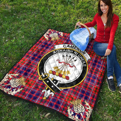 Cameron of Lochiel Modern Tartan Crest Premium Quilt - Gold Thistle Style