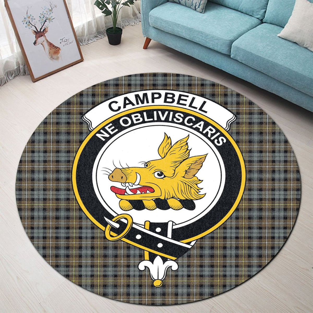 Campbell Argyll Weathered Tartan Crest Round Rug