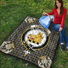 Campbell Argyll Weathered Tartan Crest Premium Quilt - Gold Thistle Style