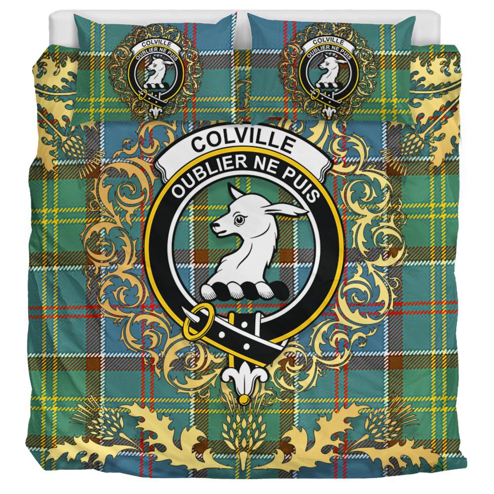 Colville Tartan Crest Bedding Set - Golden Thistle Style