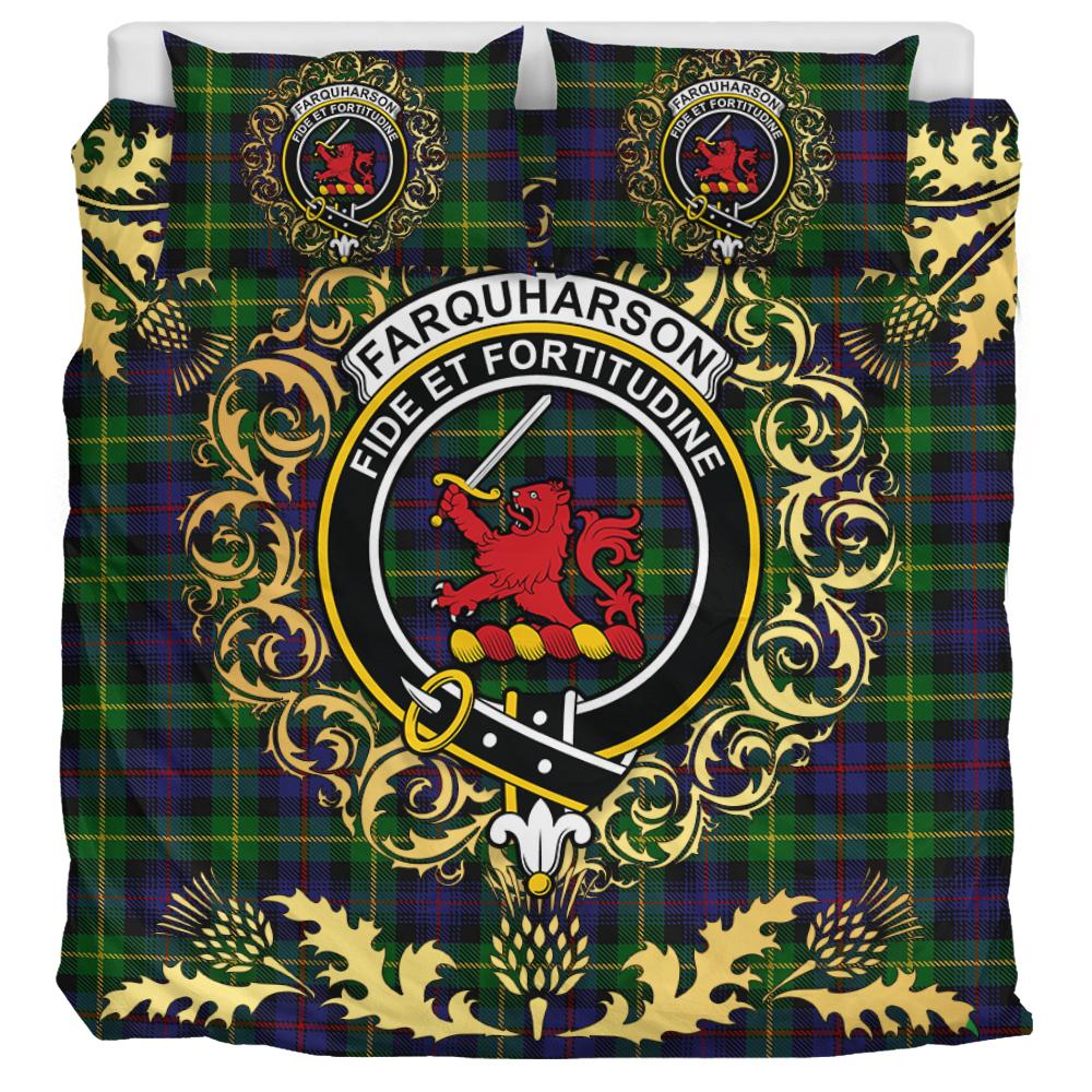 Farquharson Tartan Crest Bedding Set - Golden Thistle Style