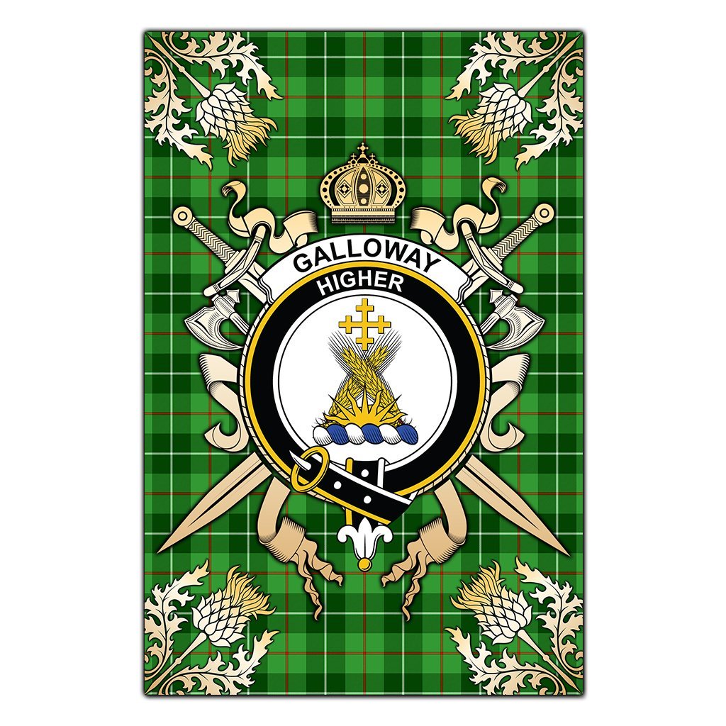 Galloway Tartan Crest Black Garden Flag - Gold Thistle Style