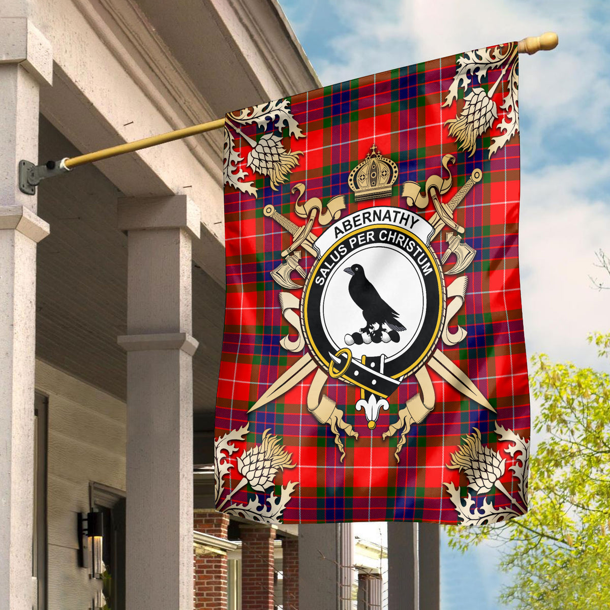 Abernathy Tartan Crest Black Garden Flag - Gold Thistle Style