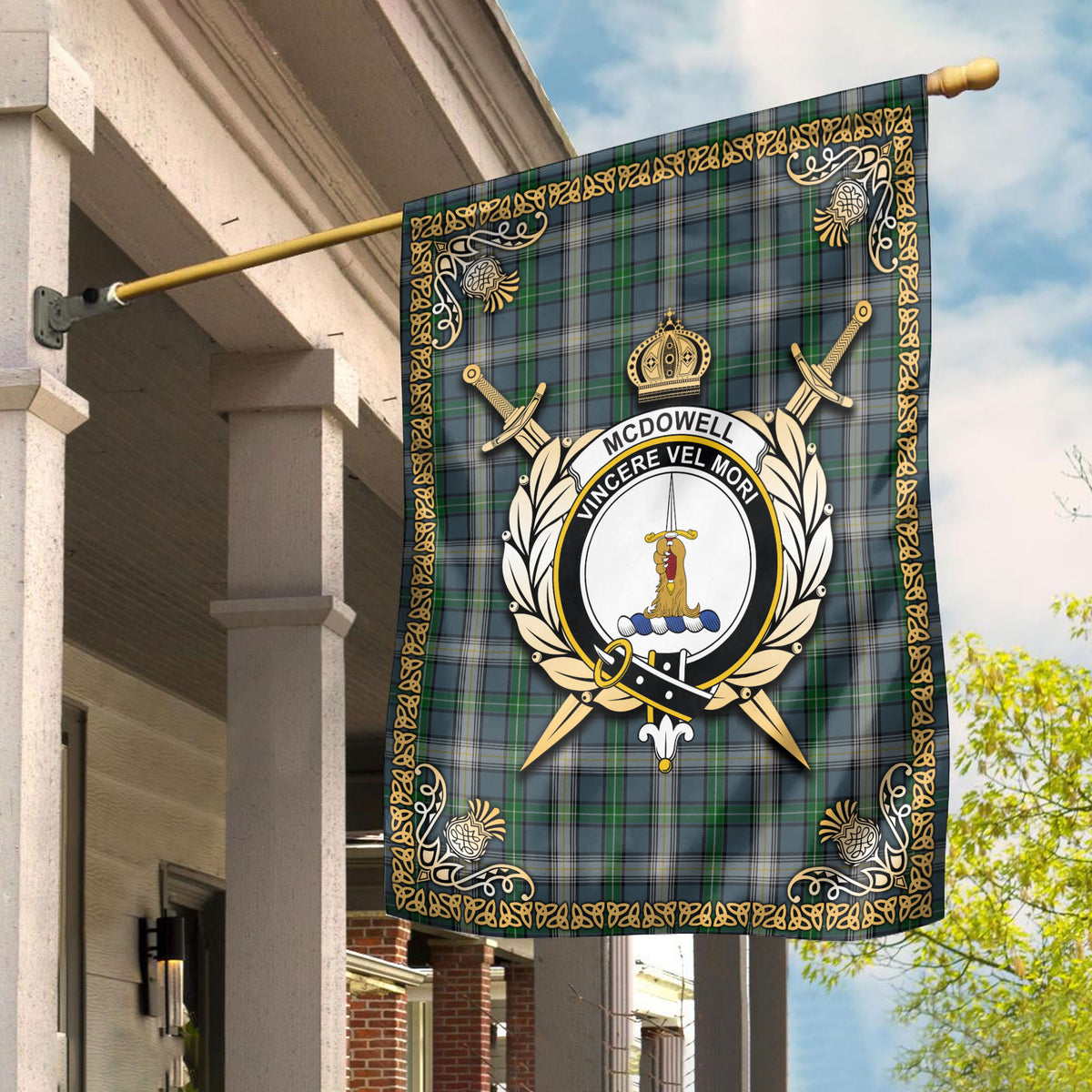 McDowell (MacDowell) Tartan Crest Garden Flag - Celtic Thistle Style