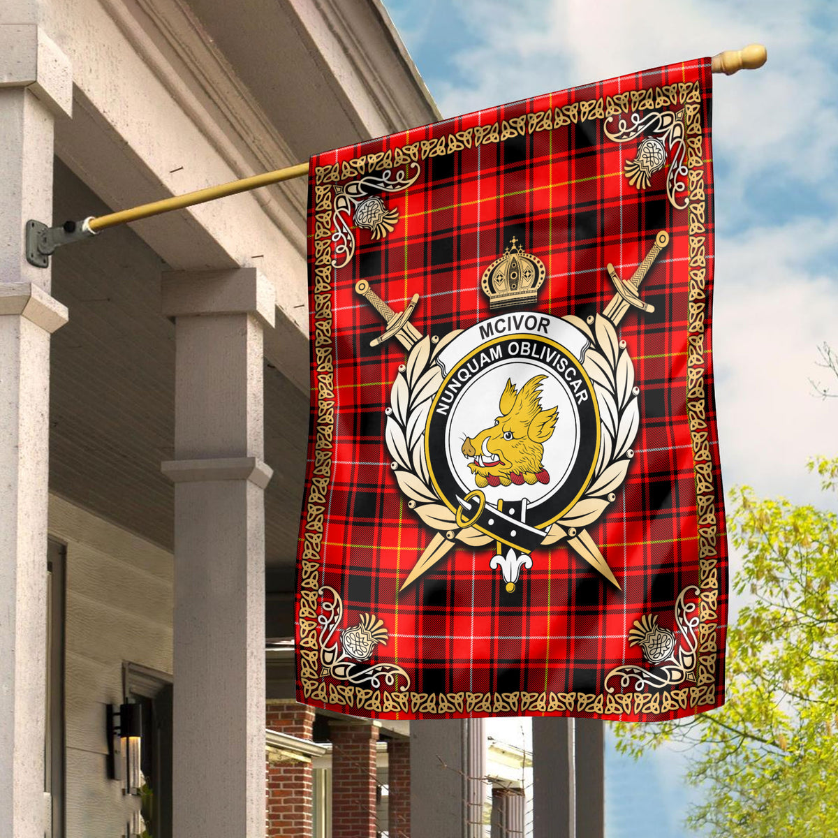 McIvor Tartan Crest Garden Flag - Celtic Thistle Style