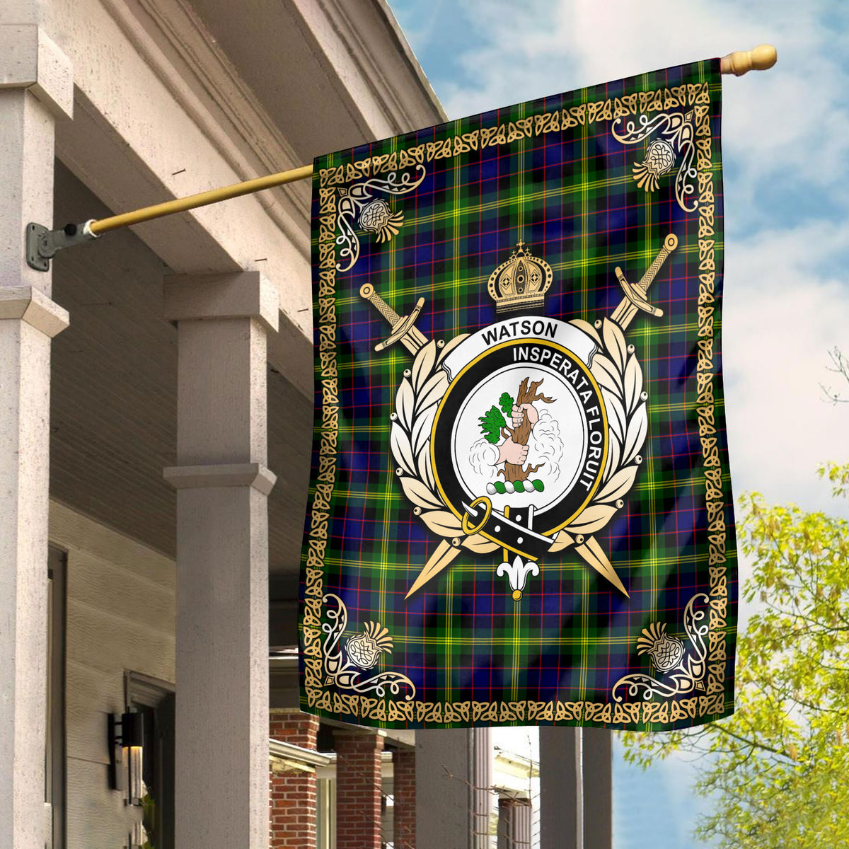 Watson Modern Tartan Crest Garden Flag - Celtic Thistle Style