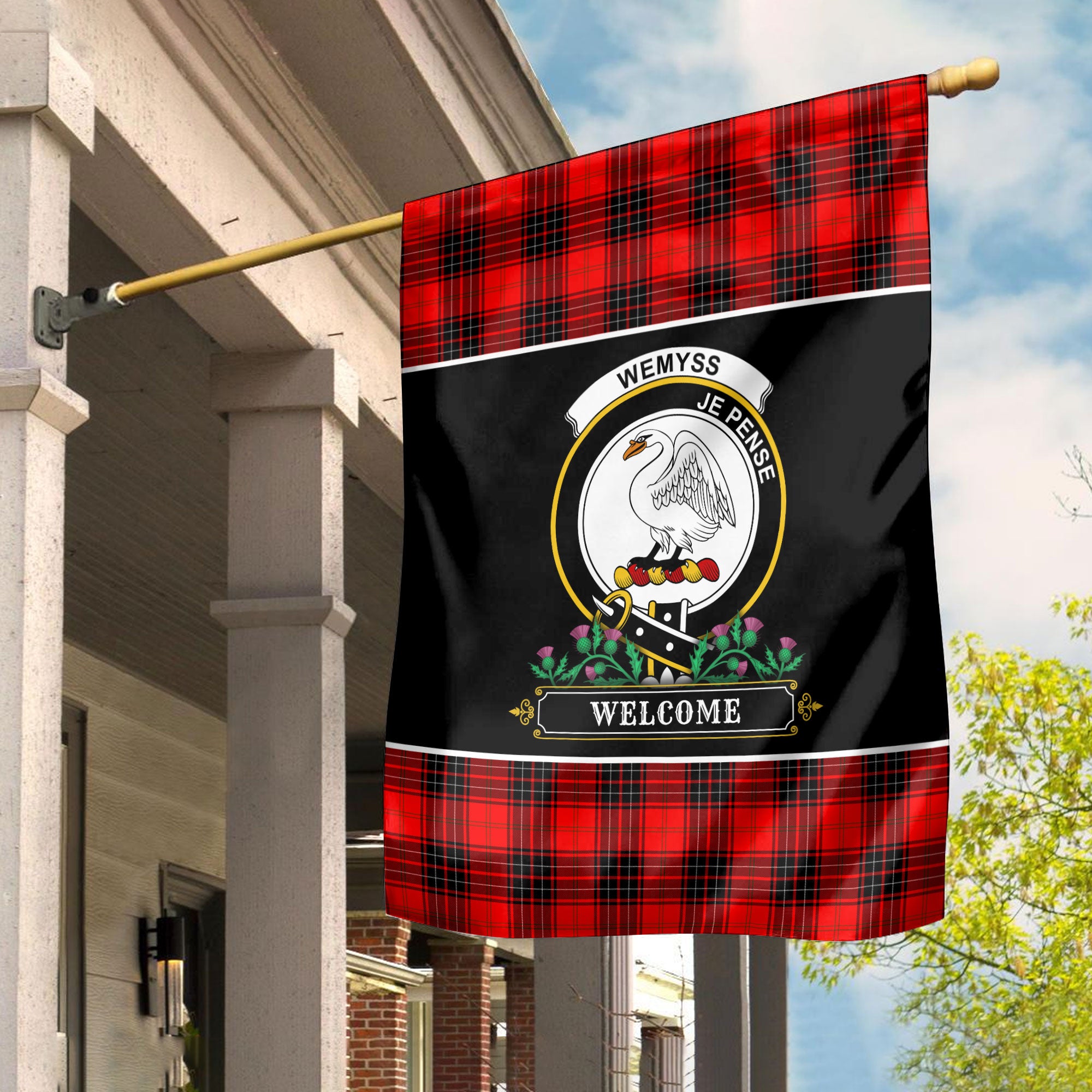 Wemyss Modern Tartan Crest Garden Flag - Welcome Style