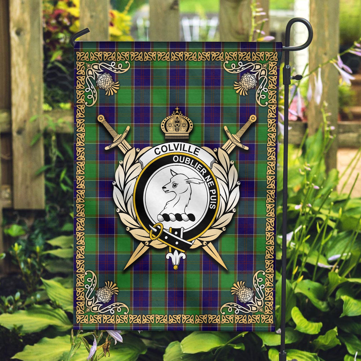 Colville Tartan Crest Garden Flag - Celtic Thistle Style