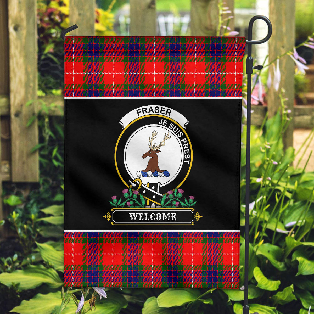 Fraser (of Lovat) Modern Tartan Crest Garden Flag - Welcome Style
