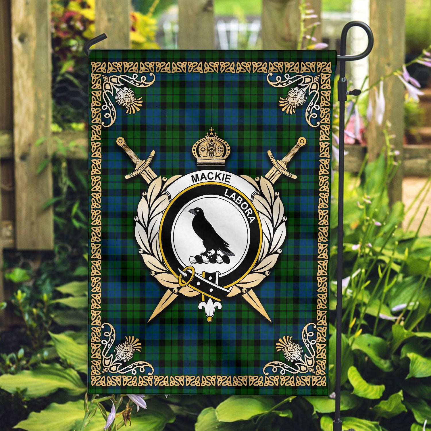 MacKie Tartan Crest Garden Flag - Celtic Thistle Style