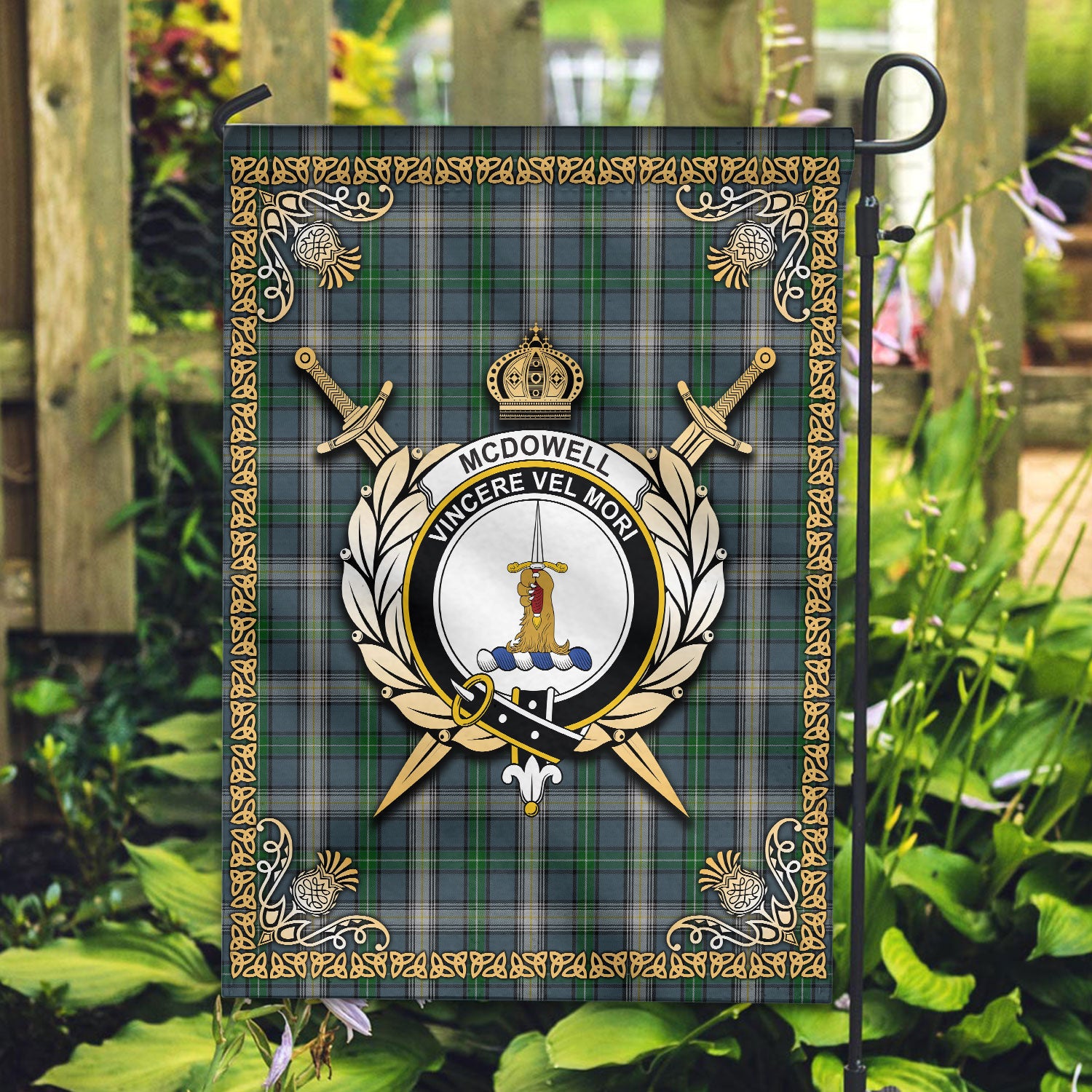 McDowell (MacDowell) Tartan Crest Garden Flag - Celtic Thistle Style