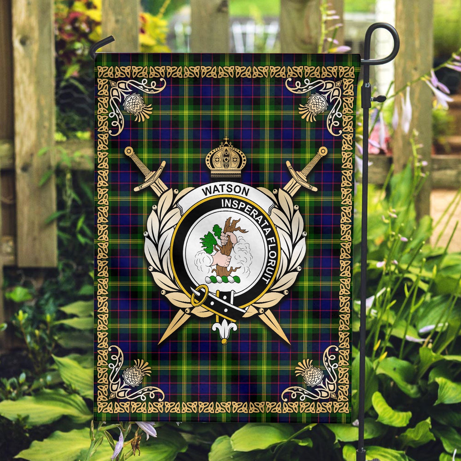 Watson Modern Tartan Crest Garden Flag - Celtic Thistle Style