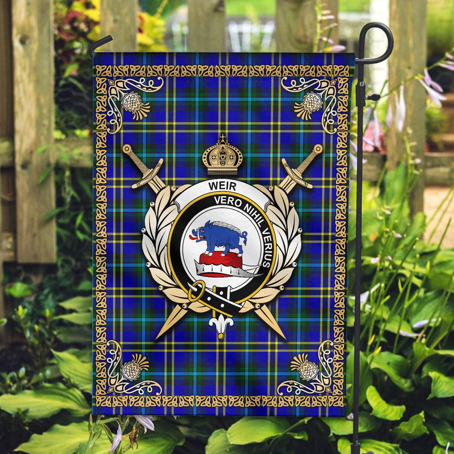 Weir Modern Tartan Crest Garden Flag - Celtic Thistle Style