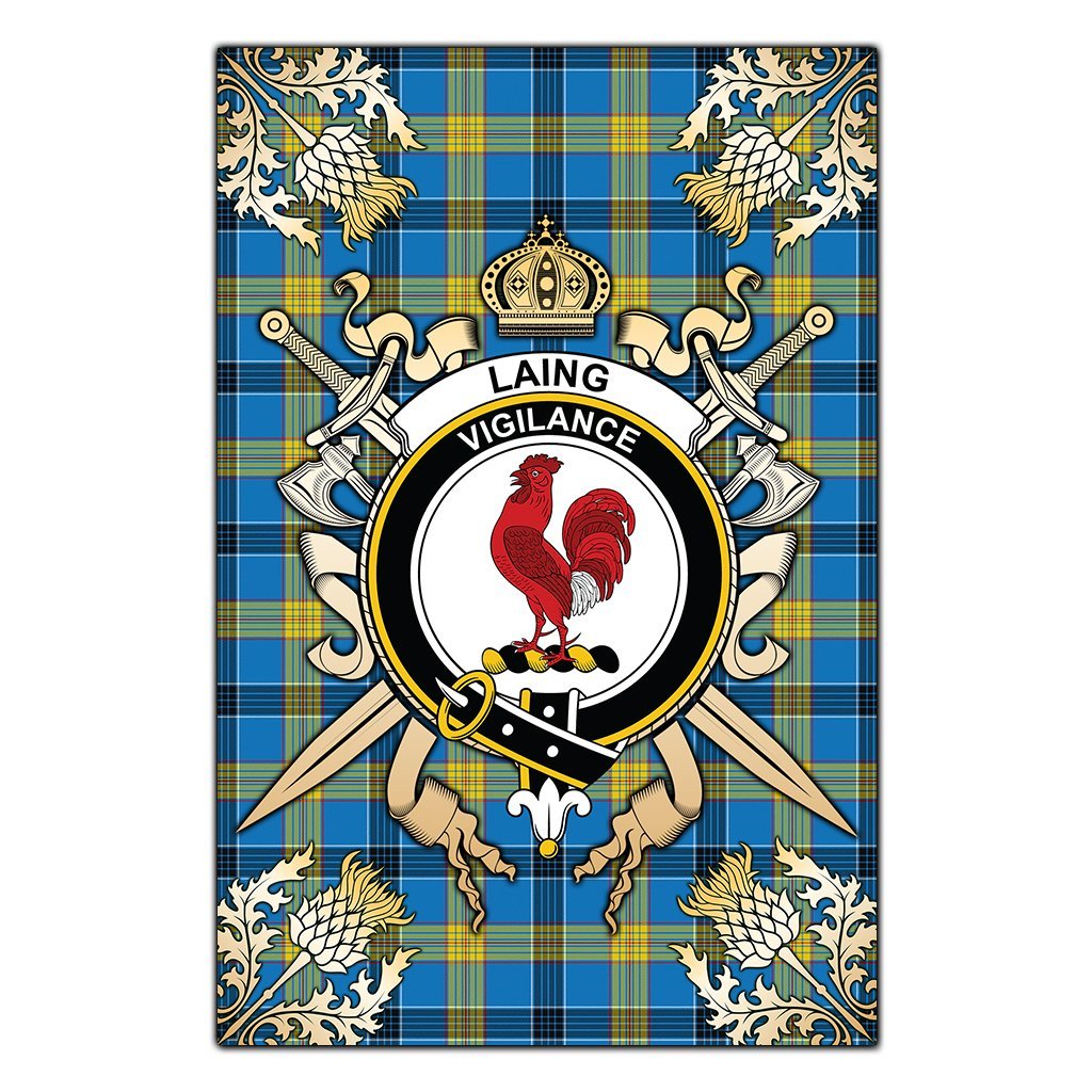 Laing Tartan Crest Black Garden Flag - Gold Thistle Style