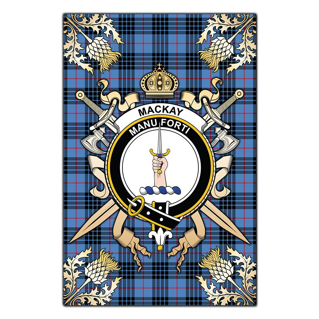 MacKay Blue Tartan Crest Black Garden Flag - Gold Thistle Style