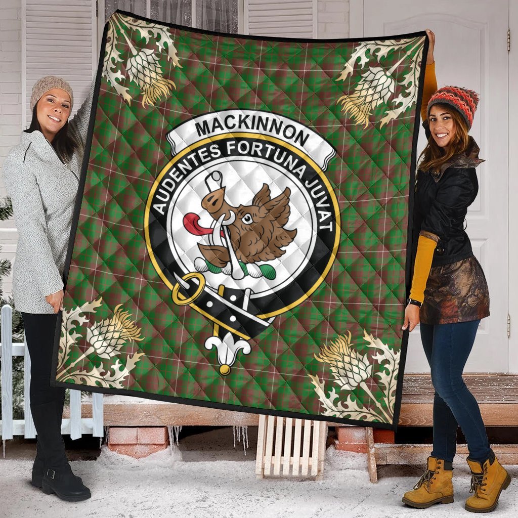 MacKinnon Hunting Modern Tartan Crest Premium Quilt - Gold Thistle Style
