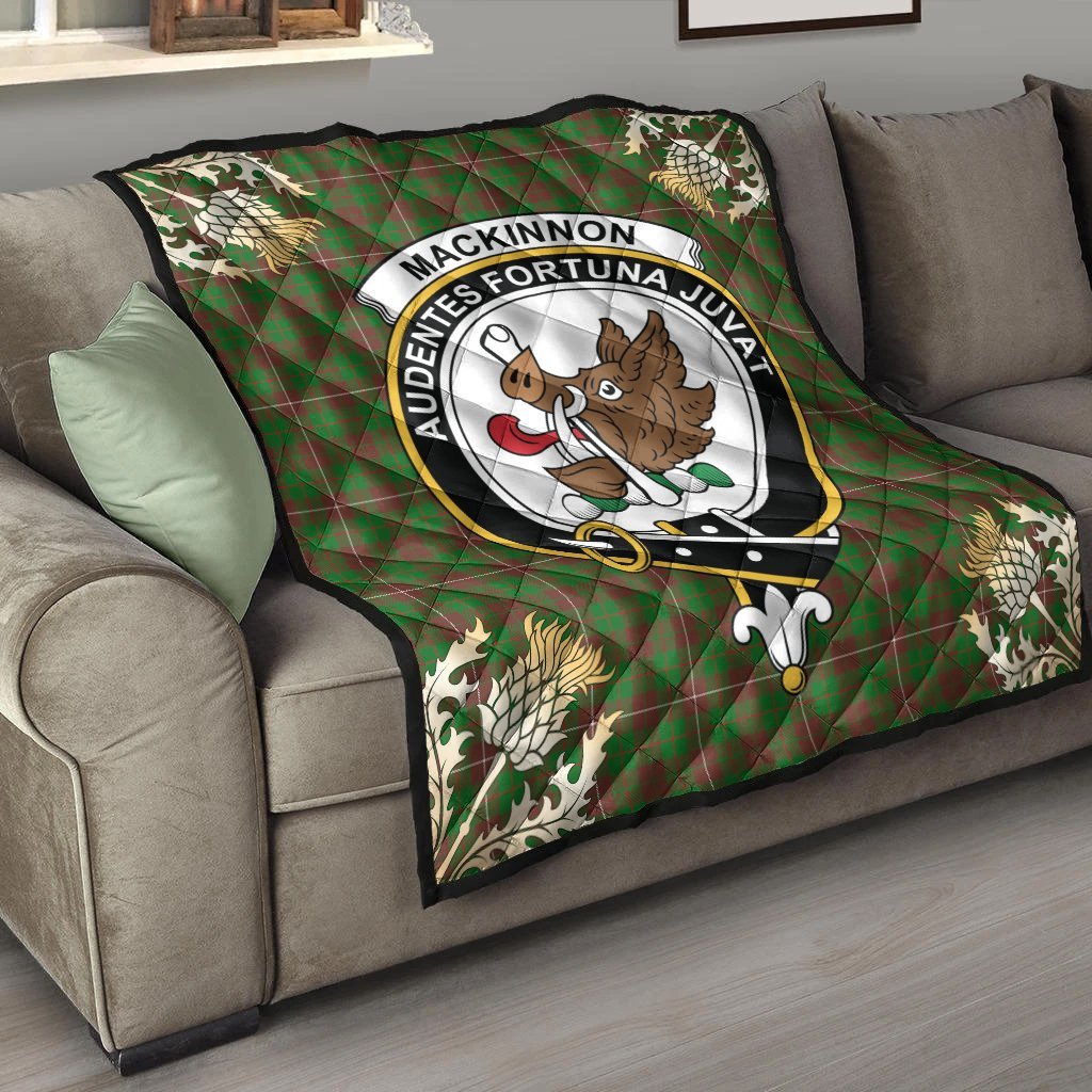 MacKinnon Hunting Modern Tartan Crest Premium Quilt - Gold Thistle Style
