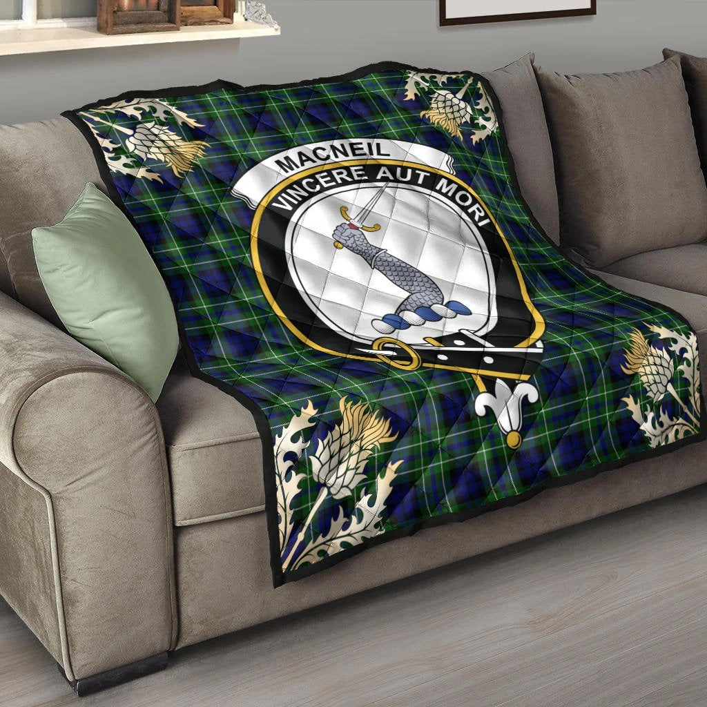 MacNeil of Colonsay Modern Tartan Crest Premium Quilt - Gold Thistle Style