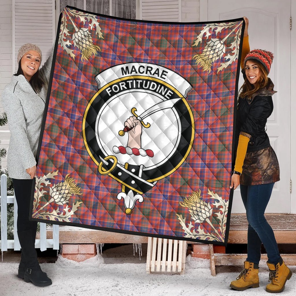 MacRae Ancient Tartan Crest Premium Quilt - Gold Thistle Style
