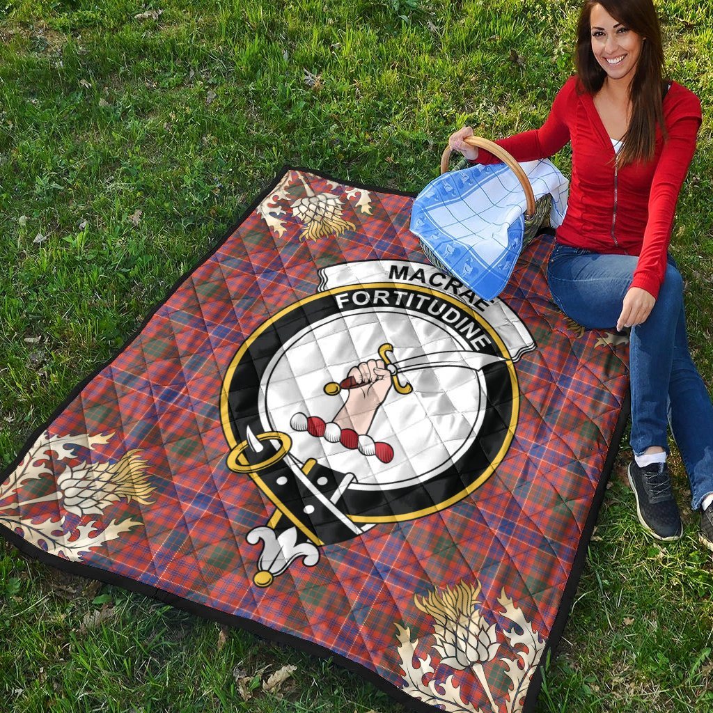 MacRae Ancient Tartan Crest Premium Quilt - Gold Thistle Style