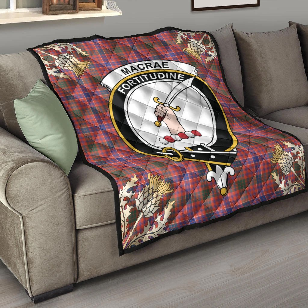 MacRae Ancient Tartan Crest Premium Quilt - Gold Thistle Style