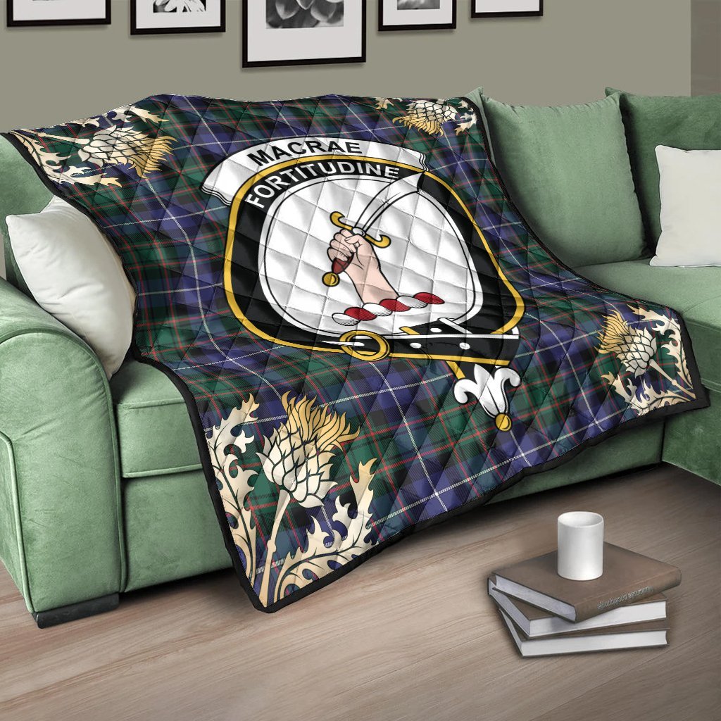 MacRae Hunting Modern Tartan Crest Premium Quilt - Gold Thistle Style