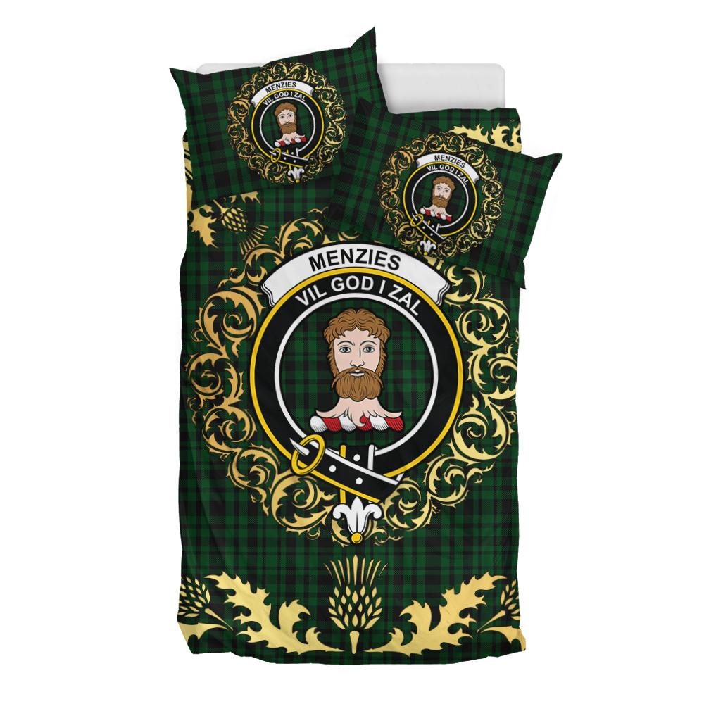 Menzies Green Tartan Crest Bedding Set - Golden Thistle Style