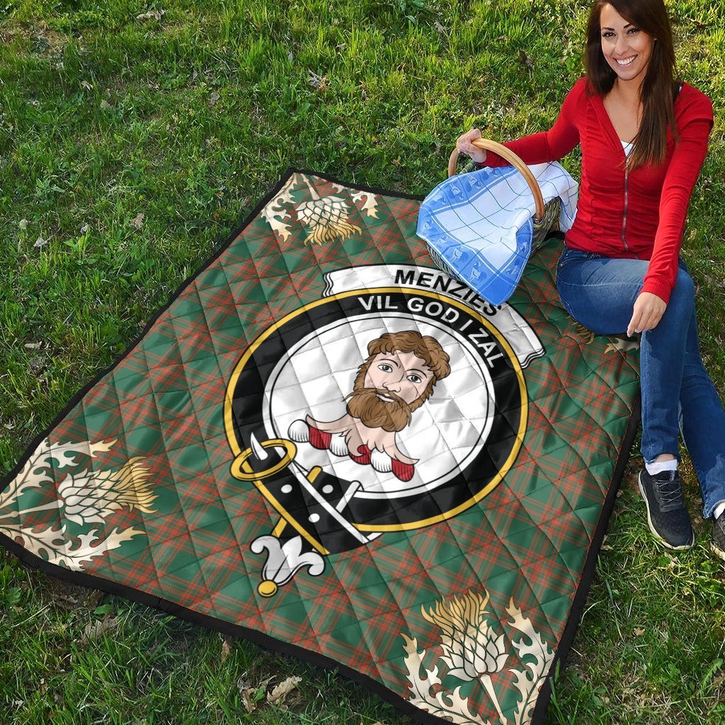 Menzies Green Ancient Tartan Crest Premium Quilt - Gold Thistle Style