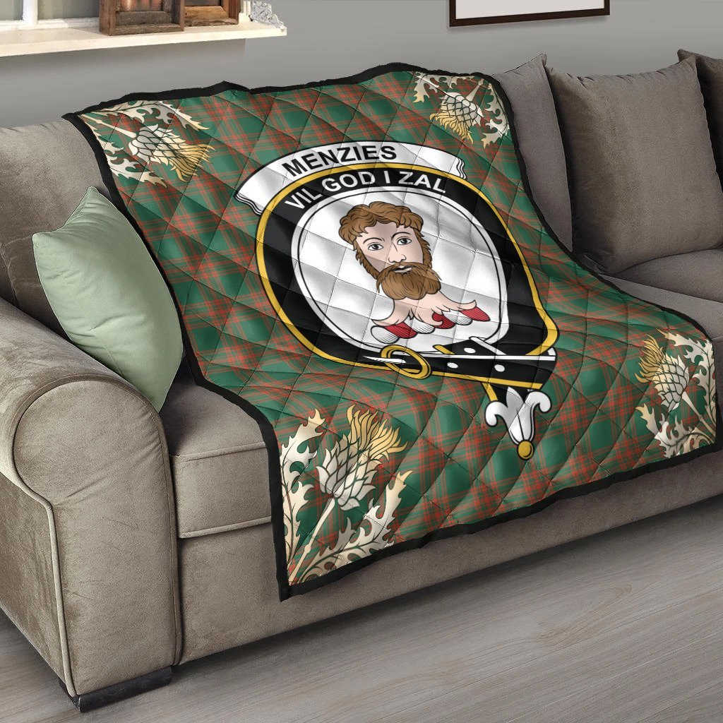 Menzies Green Ancient Tartan Crest Premium Quilt - Gold Thistle Style