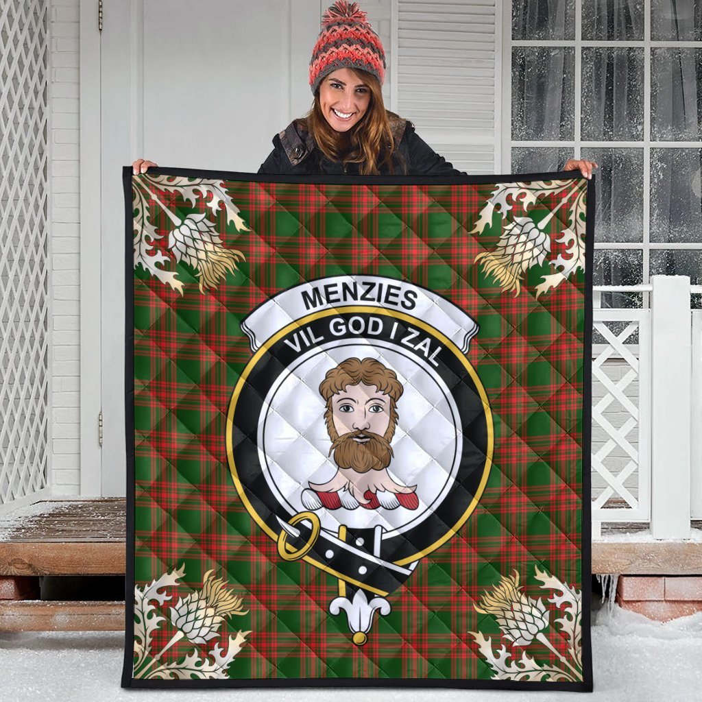 Menzies Green Modern Tartan Crest Premium Quilt - Gold Thistle Style