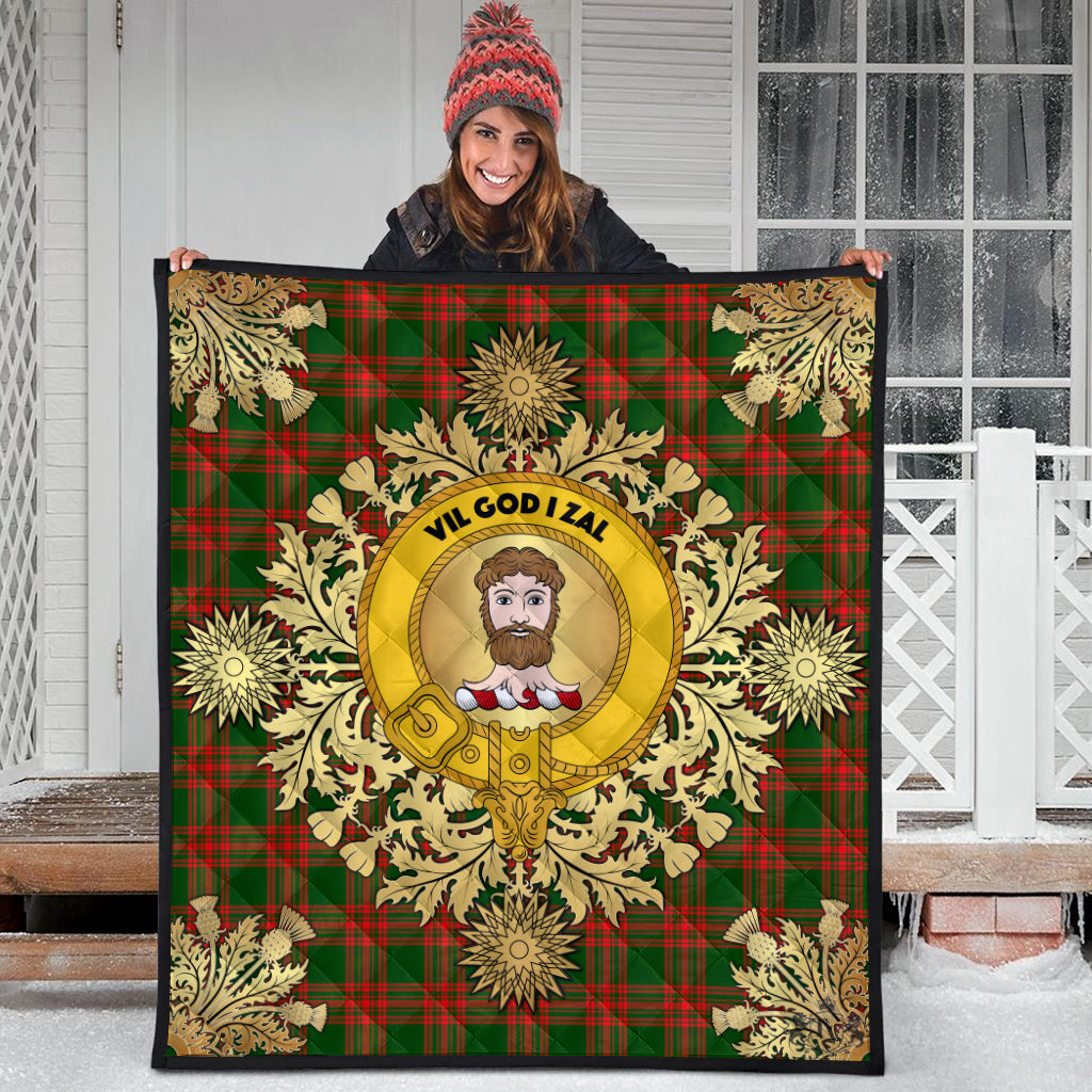 Menzies Green Modern Tartan Crest Premium Quilt - Gold Thistle Style