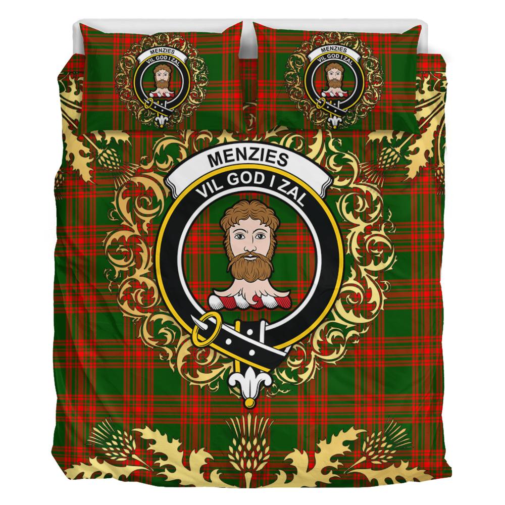 Menzies Green Modern Tartan Crest Bedding Set - Golden Thistle Style