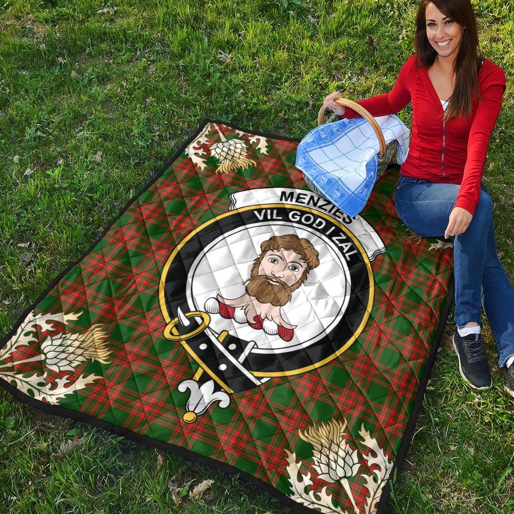 Menzies Green Modern Tartan Crest Premium Quilt - Gold Thistle Style