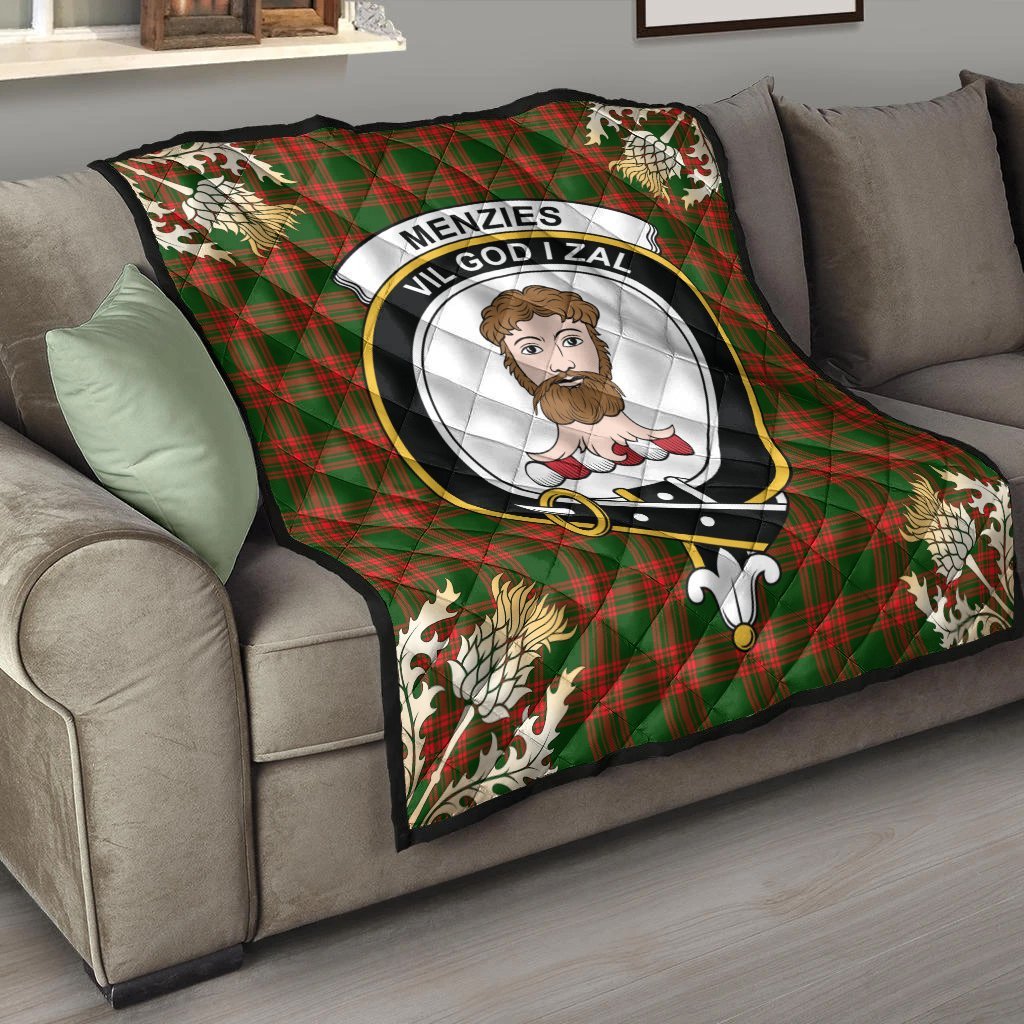 Menzies Green Modern Tartan Crest Premium Quilt - Gold Thistle Style