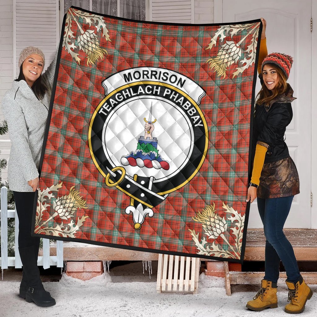 Morrison Red Ancient Tartan Crest Premium Quilt - Gold Thistle Style