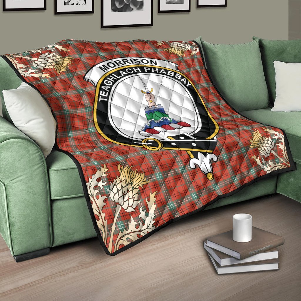 Morrison Red Ancient Tartan Crest Premium Quilt - Gold Thistle Style