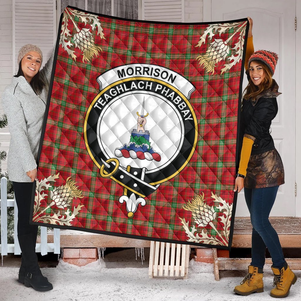 Morrison Red Modern Tartan Crest Premium Quilt - Gold Thistle Style