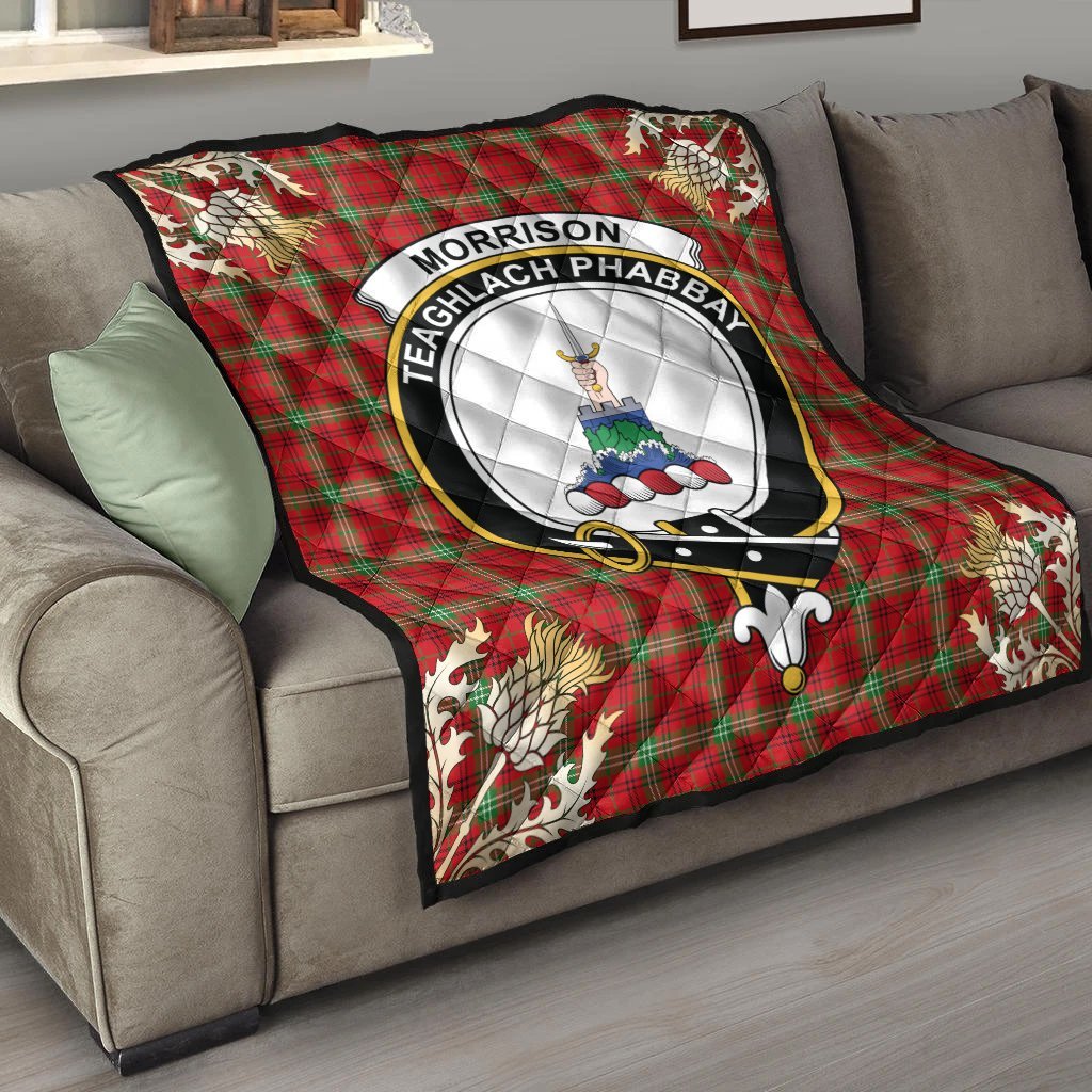 Morrison Red Modern Tartan Crest Premium Quilt - Gold Thistle Style